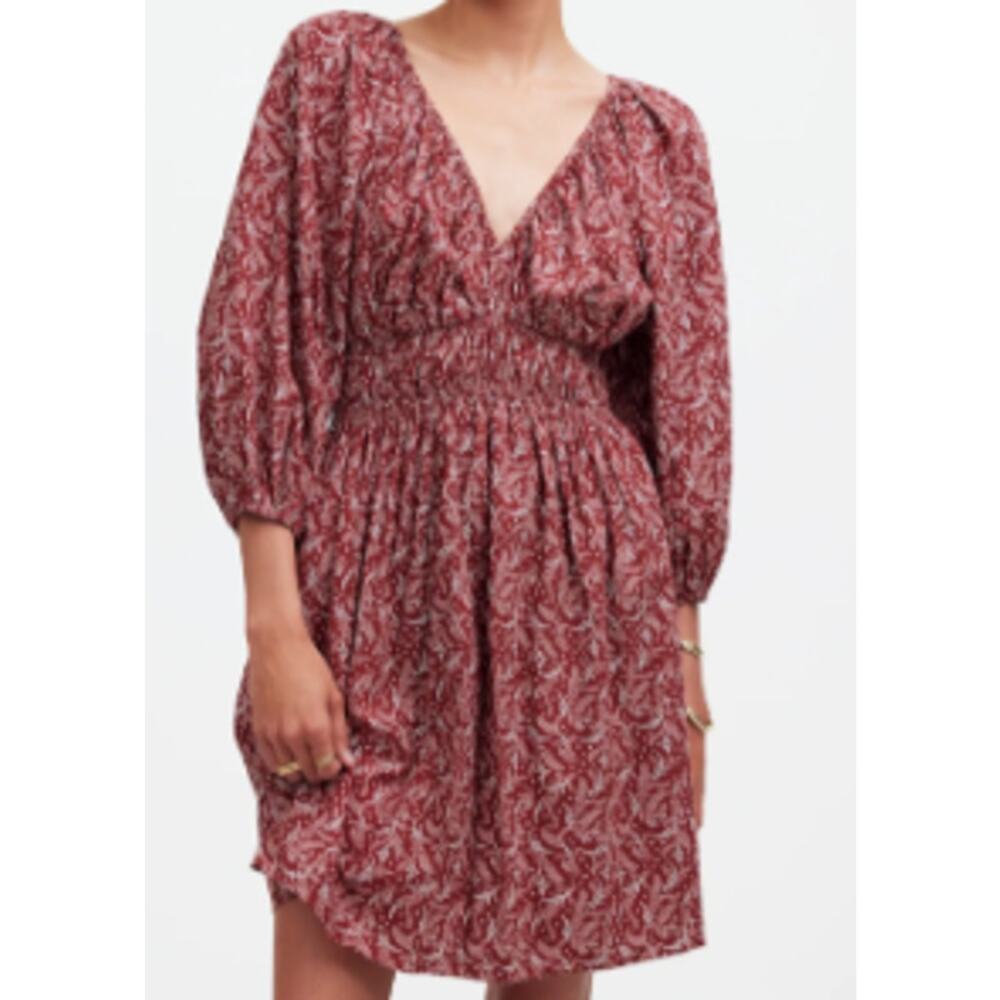 Madewell Puff Sleeve V-Neck Maroon Paisley Dress sz 6